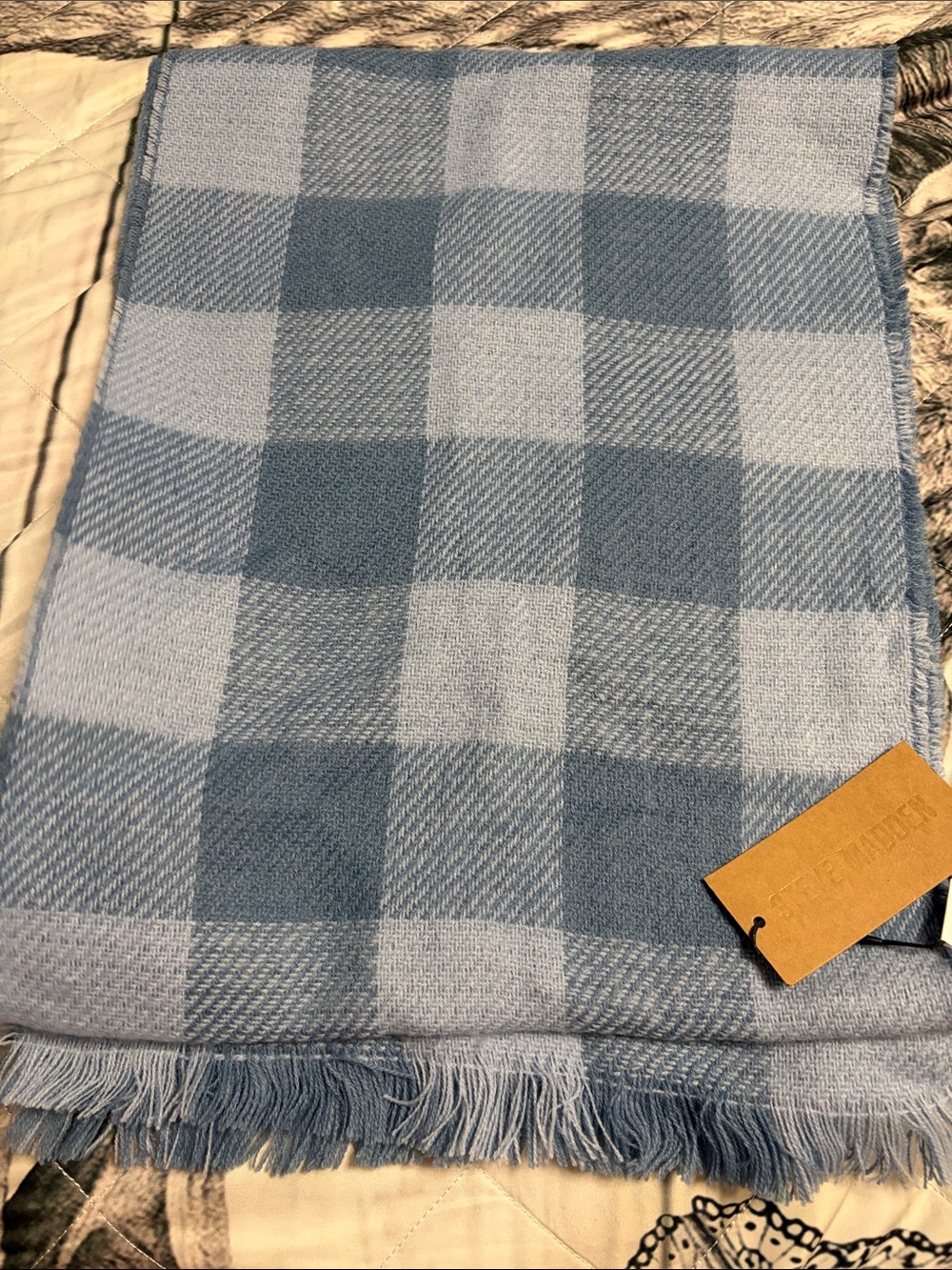 Steve Madden Blue Buffalo Check Scarf - Soft Plaid Fringe